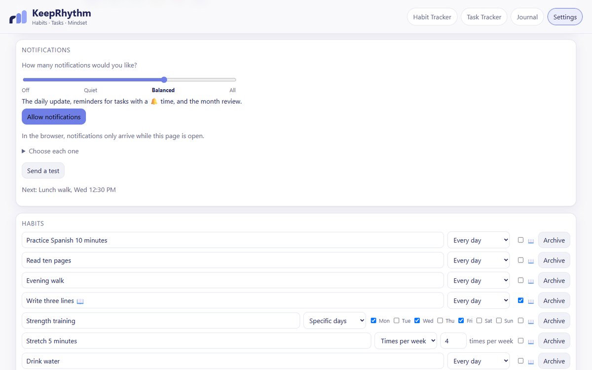 KeepRhythm notification settings at the Balanced level: daily update, task reminders and the month review.