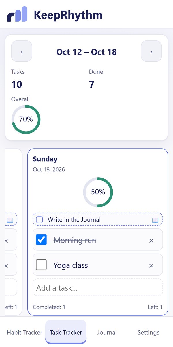 KeepRhythm on Android: this week's tasks with a daily progress ring.